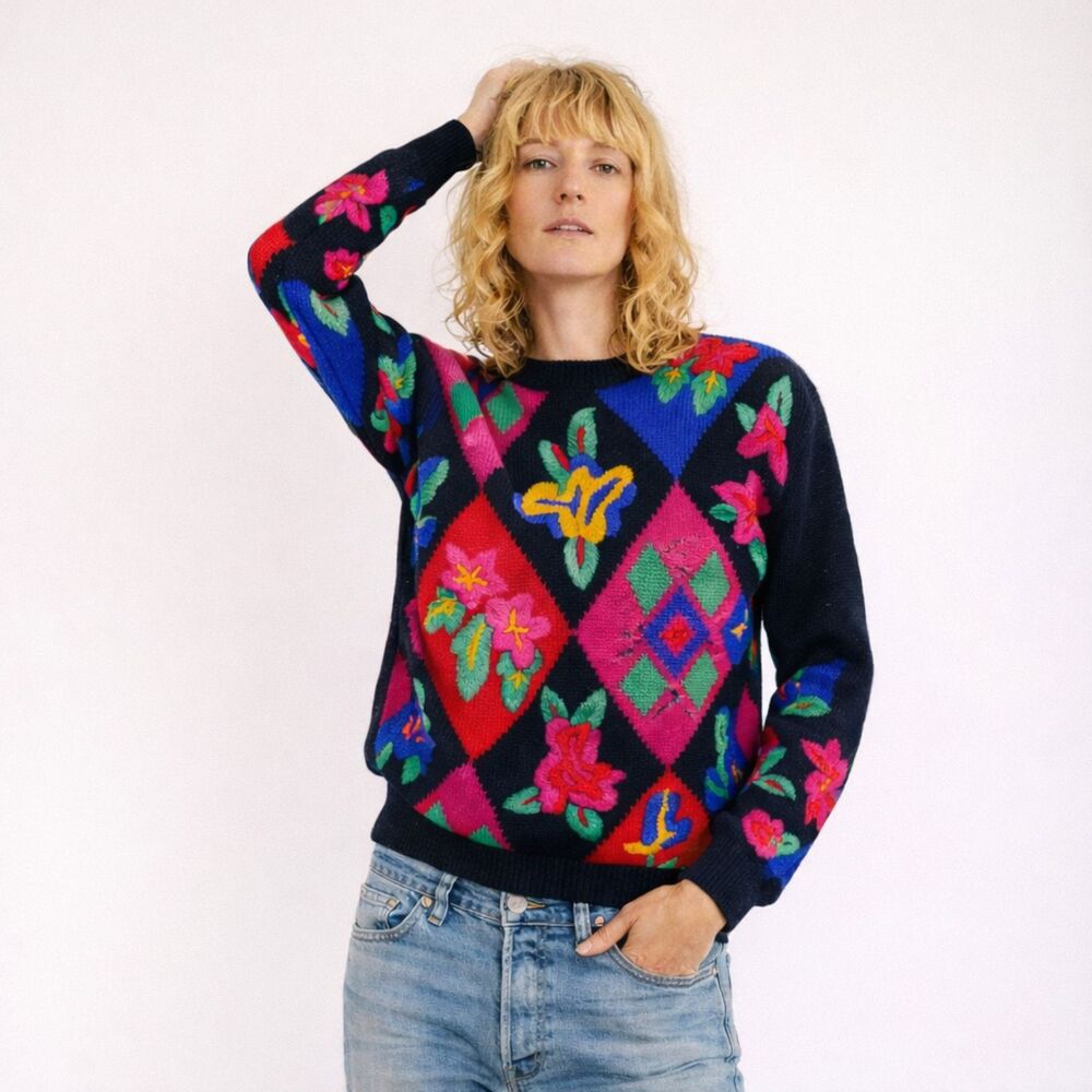 Alfred Dunn Vintage Multi-Colored Floral Wool Blend Sweater | Size M | EUC